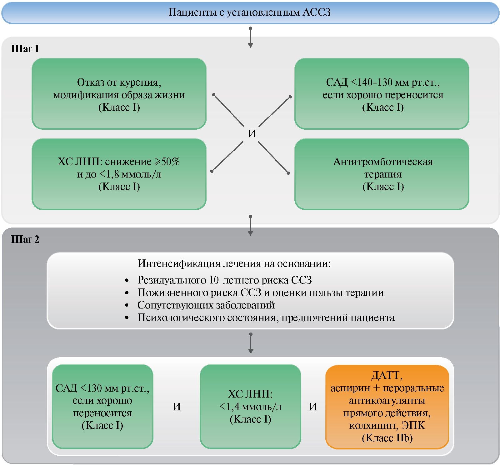 Рис. 4. Алгоритм тактики снижения ССР и контроля ФР у пациентов с установленным АССЗ [102]. Сокращения: ДАТТ — двойная антитромбоцитарная терапия, САД — систолическое артериальное давление, ССЗ — сердечно-сосудистые заболевания, ХС ЛНП — холестерин липопротеидов низкой плотности, ЭПК — эйкозапентаеновая кислота.
