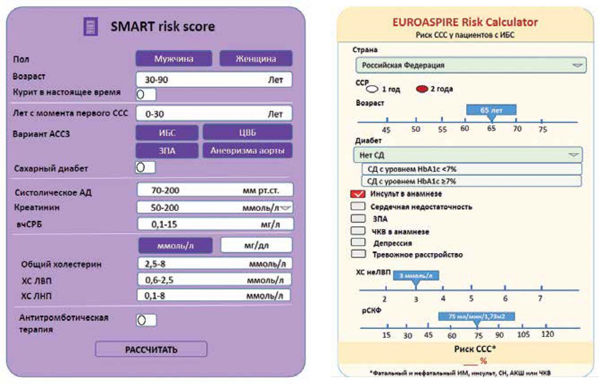 Рис. 5. Калькуляторы для оценки риска в рамках вторичной профилактики — Шкала риска SMART и Шкала риска EUROASPIRE [104, 105]. Сокращения: АД — артериальное давление, АКШ — аортокоронарное шунтирование, АССЗ — атеросклеротические сердечно-сосудистые заболевания, вчСРБ — высокочувствительный С-реактивный белок, ЗПА — заболевания периферических артерий, ИБС — ишемическая болезнь сердца, ИМ — инфаркт миокарда, рСКФ — расчетная скорость клубочковой фильтрации, СД — сахарный диабет, СН — сердечная недостаточность, ССР — сердечно-сосудистый риск, ССС — сердечно-сосудистые события, ХС ЛВП — холестерин липопротеидов высокой плотности, ХС ЛНП — холестерин липопротеидов низкой плотности, ХС неЛВП — холестерин не-липопротеидов высокой плотности, ЦВБ — цереброваскулярные болезни, ЧКВ — чрескожное коронарное вмешательство, HbA1c — гликированный гемоглобин.