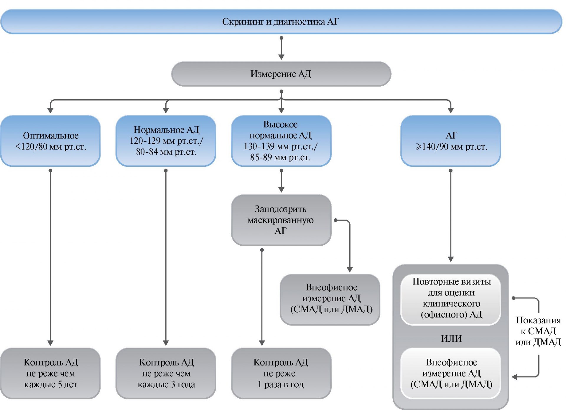Рис. 8. Скрининг и диагностика АГ.  Сокращения: АГ — артериальная гипертония, АД — артериальное давление, ДМАД — домашнее мониторирование артериального давления, СМАД — суточное мониторирование артериального давления.