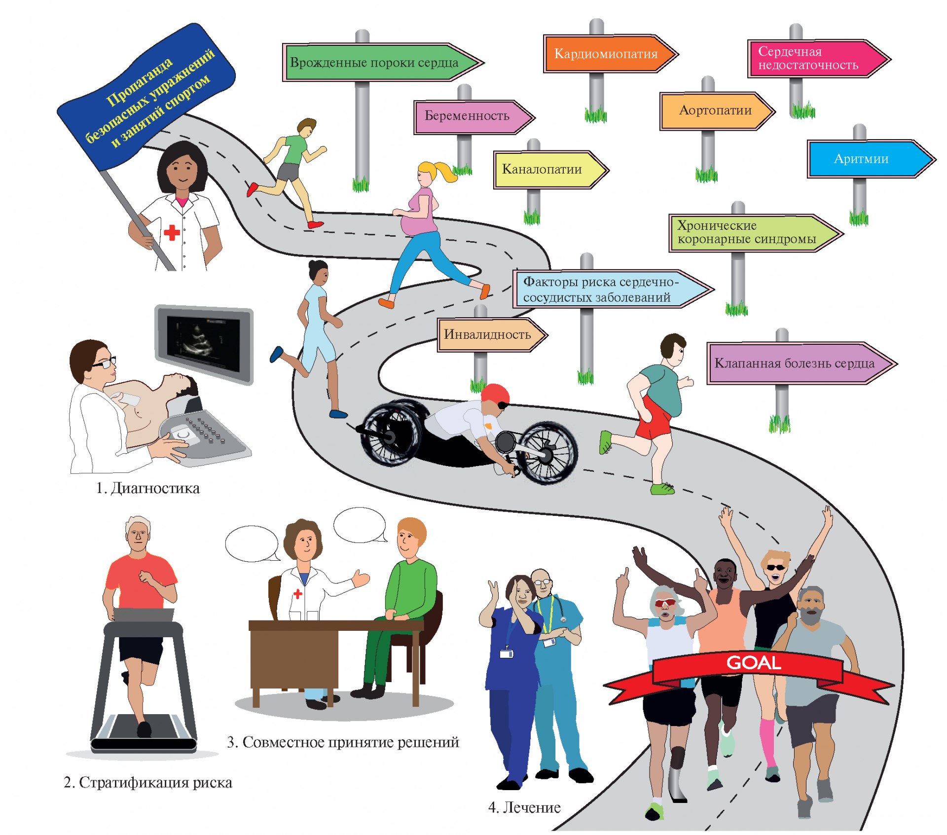 Главный рисунок. Всем людям с сердечно-сосудистыми заболеваниями следует настоятельно рекомендовать и поощрять умеренную физическую активность. Для составления программы физических упражнений и более активной жизнедеятельности необходимо выполнить стратификацию риска и подобрать оптимальную терапию. В процесс принятия решений должны быть вовлечены сами люди. Также необходимо записать обсуждение программы упражнений в медицинских документах